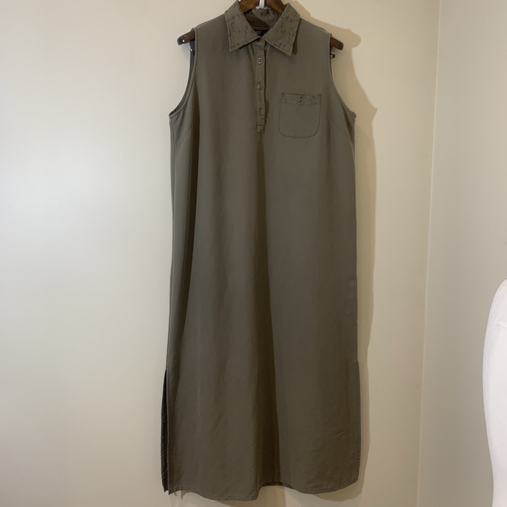 HSZ Studio‎ Womens Maxi Dress XL Army Green Tencel Blend Embroidered Lagenlook